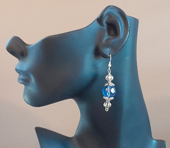 Stunning Silver Tone Faceted Crystal Glass Blue Bead Vintage Dangle Earrings