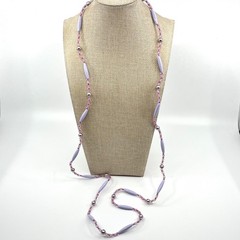 Vintage Lavender Purple Beaded Strand Necklace Long Boho Faux Pearl Mixed Beads