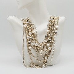 Elegant Multi Chain Bead Faux Pearl Gold Tone Layered Necklace Vintage 18 Inch