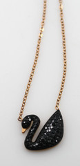 Rose Gold tone Stainless Steel Black stones Swan Pendant Necklace 16-18″