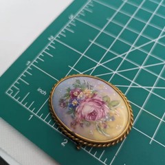 Limoges France Vintage Oval Porcelain Rose Flower Brooch Pin Trombone Clasp