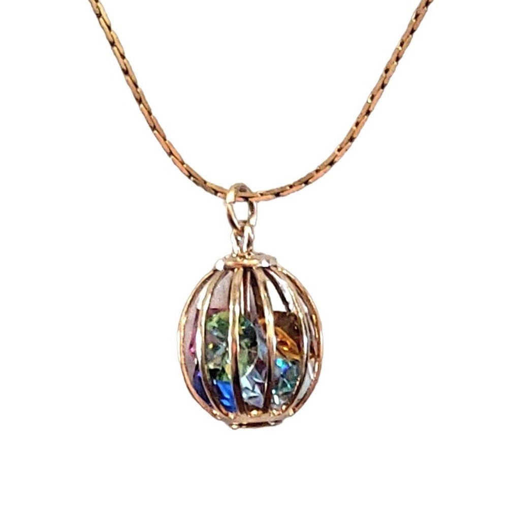 Vintage Multi-Stone CAGE NECKLACE Gold Tone Chain Marked Korea – 17″