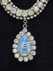 1950s Opaline Glass Intaglio Pagoda Design Demi-Parure Necklace Earrings Set