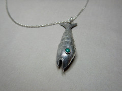 Vintage Mexican Sterling Silver Articulated Turquoise Set Fish Pendant Necklace