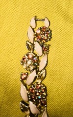 Lisner Gold Tone Bracelet w/ Beige Enamel Links, Pink Rhinestone Clusters