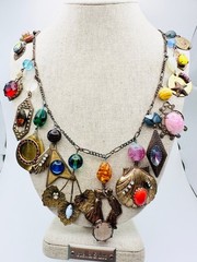 Vintage unsigned brass glass rhinestone charm Necklace 24.5”