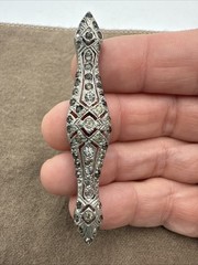 Antique Silver Tone Filigree Brooch Pin w/Rhinestones