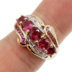 14k Solid Yellow Gold Natural Pink Tourmaline and Diamond Band Ring Size 7.75