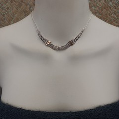 Ethnic Revival Sterling Silver Bib Necklace Israeli Artisan Gold Accent Scroll
