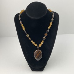 Vtg Genuine Brown Gold Tiger Iron Pendant Yellow Citrine Beaded Necklace Sz 17″