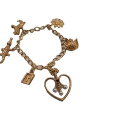Vintage Gold Tone Multi Charm Bracelet Heart Cross Book Alligator Ark Flower 6