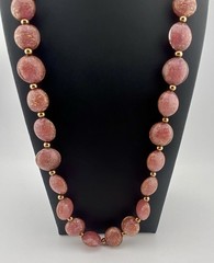 VTG MCM Handblown 24K Aventurine Pink Venetian Art Glass Beaded Necklace, Italy.