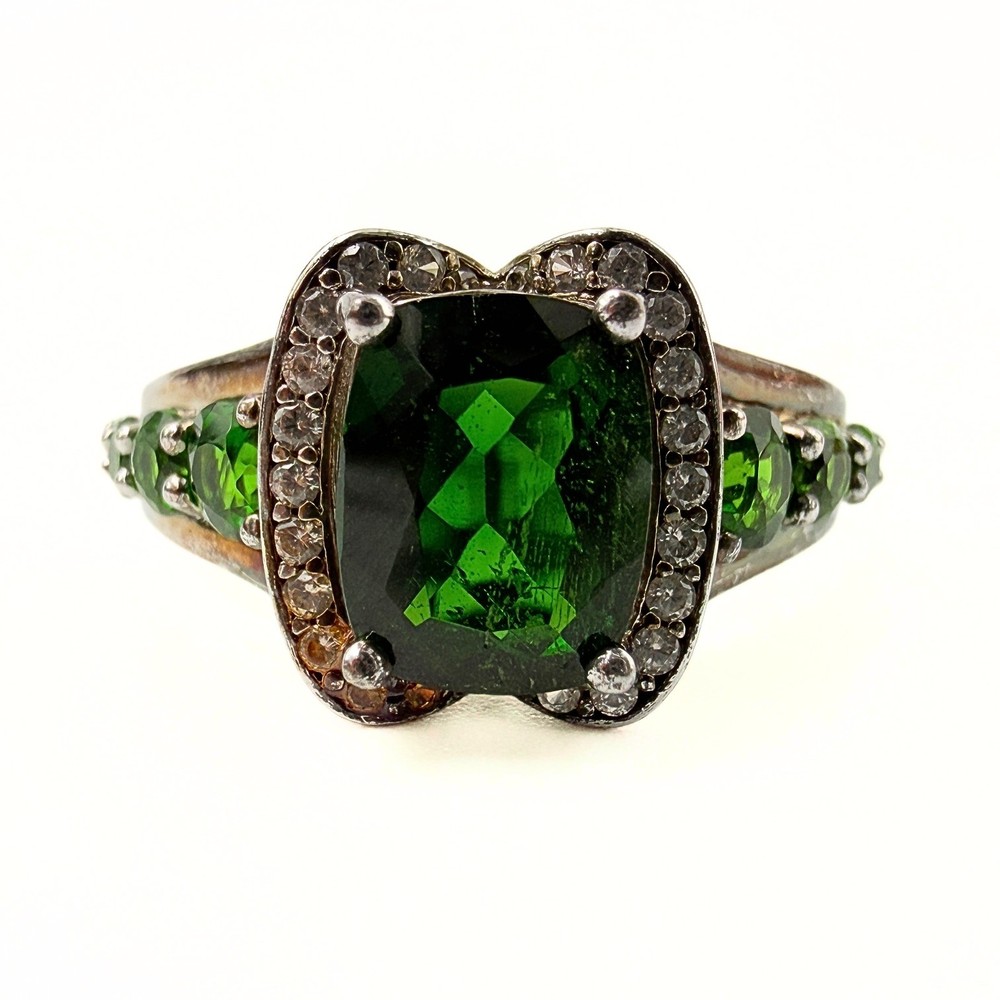 Contemporary Marked Sterling Silver Cushion Cut Green Tourmaline Ring Sz 10