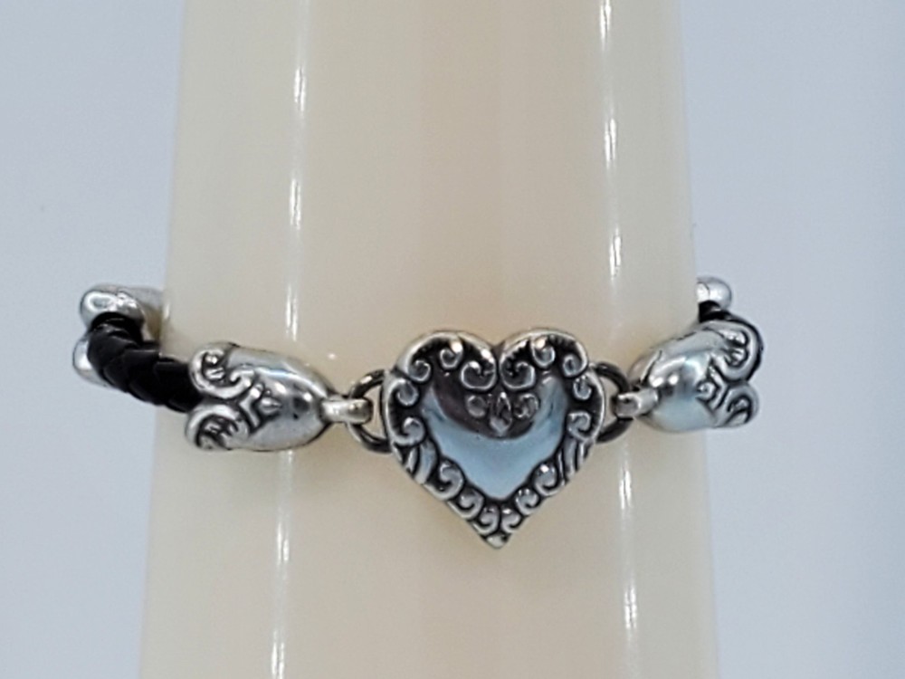 Vintage Brighton Plated Sterling Silver Heart Braided Black Leather Bracelet