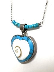 Vtg Turquoise Inlay Shell Necklace Heart Shiva Eye 925 Sterling Unique Ex Cond