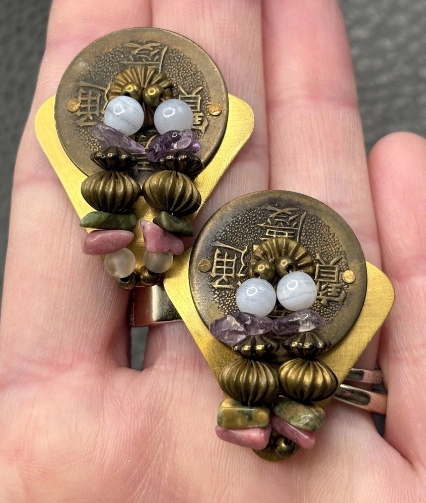 Vintage Brass Tone Asian Coin Cluster 80s Pierced Earrings Semi Precious Chips