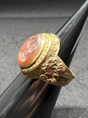 Rare Ancient Bronze Ring Carved Red Agate Eastern King Antique Size 8 US