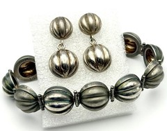 Vintage Italy 925 Sterling Silver Orb Bracelet Earrings Set Ribbed Modernist 30g