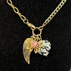 Vtg Brassy Bronzy Necklace & Charms of Mixed Metals: Heart, Flower, Angel Wing