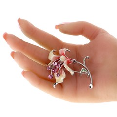 Enamel lily flower brooch pin with pink and green rhinestone Charm