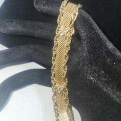 Vintage Gold Tone Mesh and Rope Chain Bracelet Blue Stone Accents 6.25 Inch