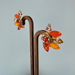 Vintage Rhinestone Clip On Earrings Orange Yellow Frosted Lucite Flower Climbers
