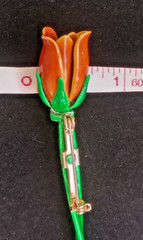 Vintage Long Stem Pale Red Rose Retro Brooch Pin Enamel Finish 3 in by .50 in
