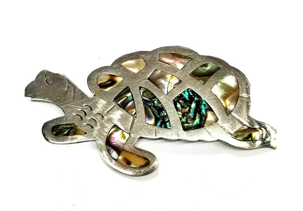 Sterling Silver 925 Mexico TM-107 Turtle Brooch with Abalone Inlay -9.6 grams