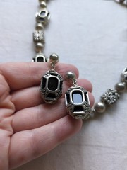 Vintage Onyx And Silver Tone Necklace And Earrings Set