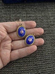 Vintage Enamel Guilloche Blue Pink Rose Earrings Pierced