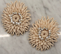 Vintage Cream Plastic Flower Rhinestone Earrings & Hinged Bangle Featherweight