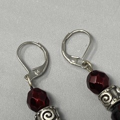 Beaded Dangle Drop Earrings Garnet Color Silver Tone Leverback Acrylic Pierced