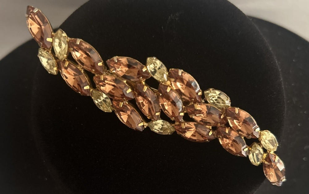VTG Large Brown And Chartreuse Yellow Navette Marquis Rhinestone Brooch 4.5 In