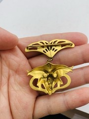 Antique Vintage Art Nouveau Gothic Gargoyle Griffin Crystal Gold Tone Pendant