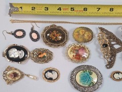 Vintage Estate Jewelry Lot Brooches Ring Locket Pendant Cameo Victorian Style