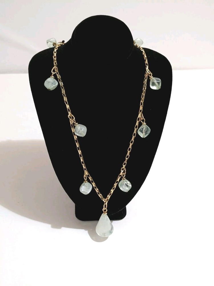 Vintage Faux Aquamarine Station Beads & Gold Tone Cable Link Chain Necklace. 29″