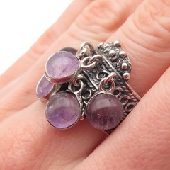 925 Sterling Silver Vintage Mexico Real Amethyst Dangle Charms Ring Size 8.25