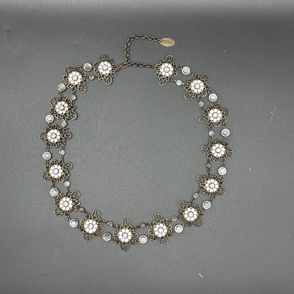 Vintage Signed Kenny Ma San Francisco Brass Filigree Crystal Flower Choker
