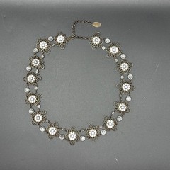 Vintage Signed Kenny Ma San Francisco Brass Filigree Crystal Flower Choker