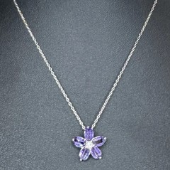 Vintage Y2K 925 Sterling Silver Amethyst Clear Crystal Flower Pendant Necklace