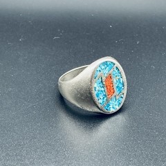 Vintage Navajo 925 Sterling Silver Turquoise Red Coral Signet Ring Size 12.5 12g