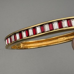 Swarovski Hinged Bangle Gold Tone Baguette Red Clear Crystal Bracelet SAL