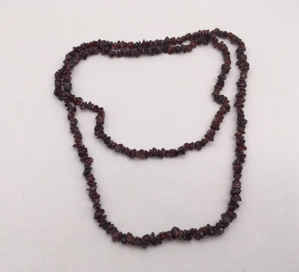 Vintage 34” Genuine Almandine Garnet Chip Necklace Handmade No Clasp Beautiful
