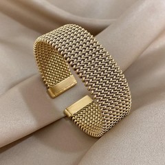 Vintage Weave Gold Cuff Bracelet Women Stainless Steel Chunky Bangle Waterproof