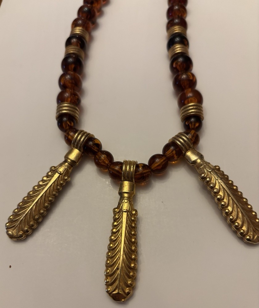 Vintage Lanvin Paris Egypt Revival Choker 16” Faux Amber Lucite & Gold Metal