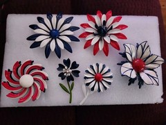 Lot Of 6 Vintage Red White & Blue Vintage Enamel Flower Brooches Pins