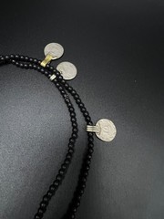 Vintage Black Beaded Coin Necklace, Tribal Boho Necklace, Ethnic Coin Charm