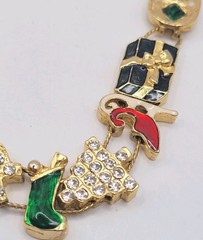 Vintage Christmas Slide Charm Bracelet Gold Tone Rhinestones Enamel Tree Gift 7″
