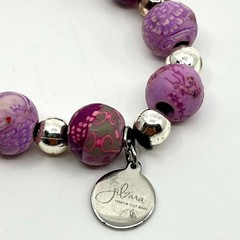 VTG Jilzara Y2K Purple Floral Polymer Clay Bead Stretch Bracelet Silver Accents