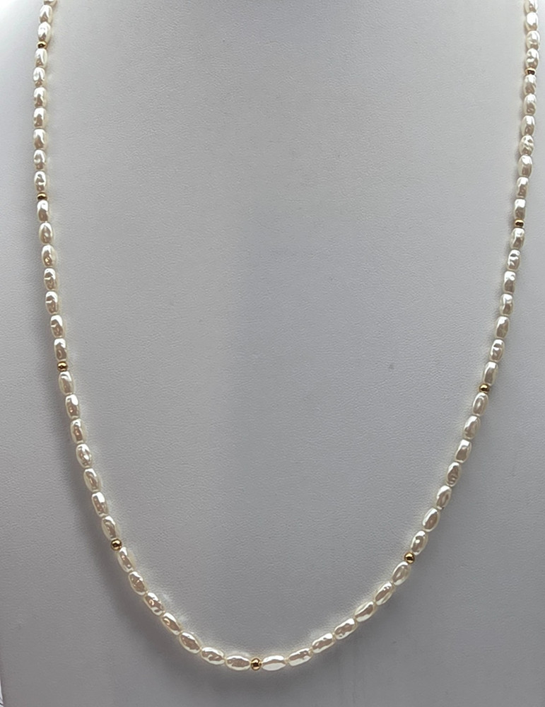 Pat. Pend. Off White Faux Rice Pearl Gold Tone Metal Beaded Necklace Vintage